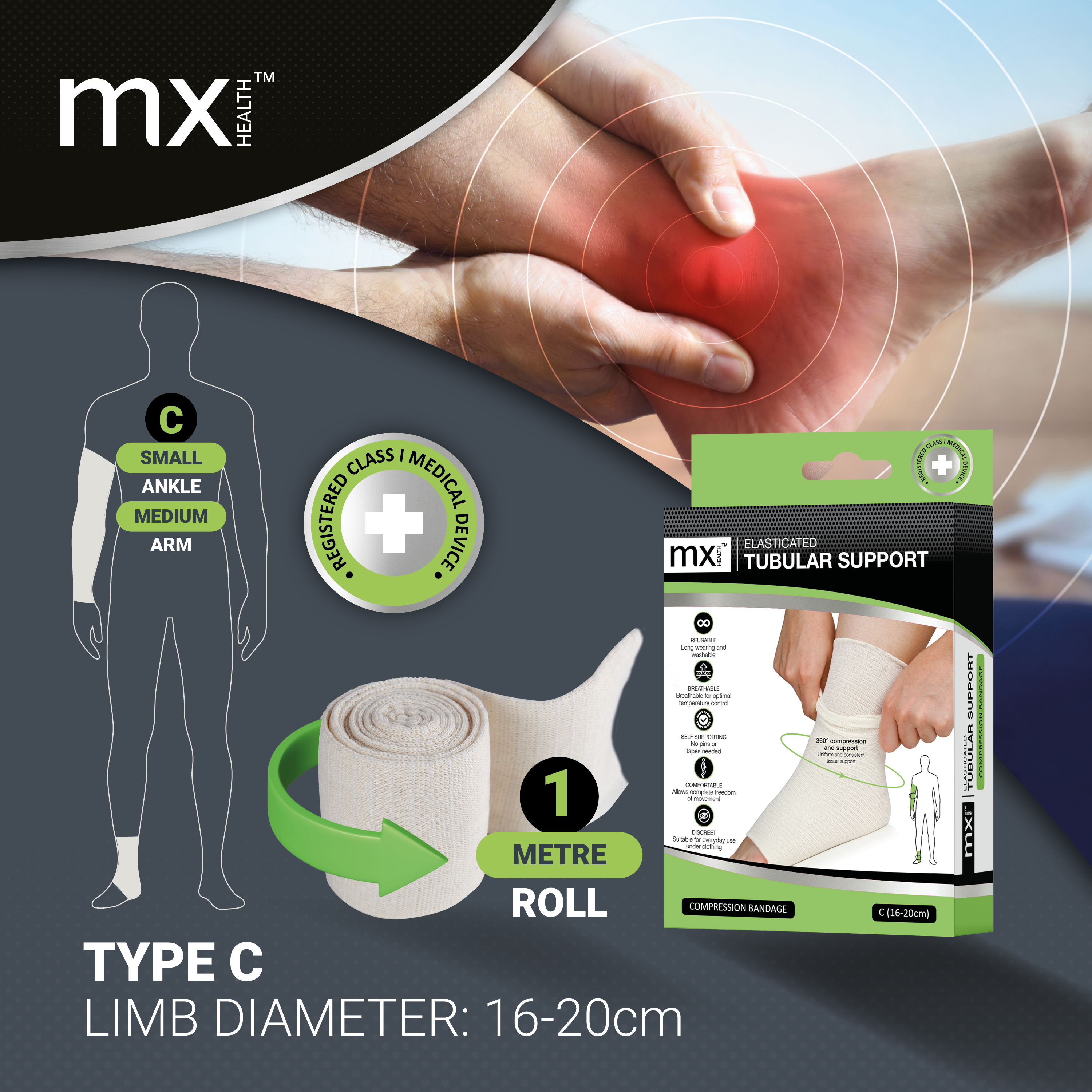mx Health Elasticated Tubular Support Compression Bandage (C) 16-20cm