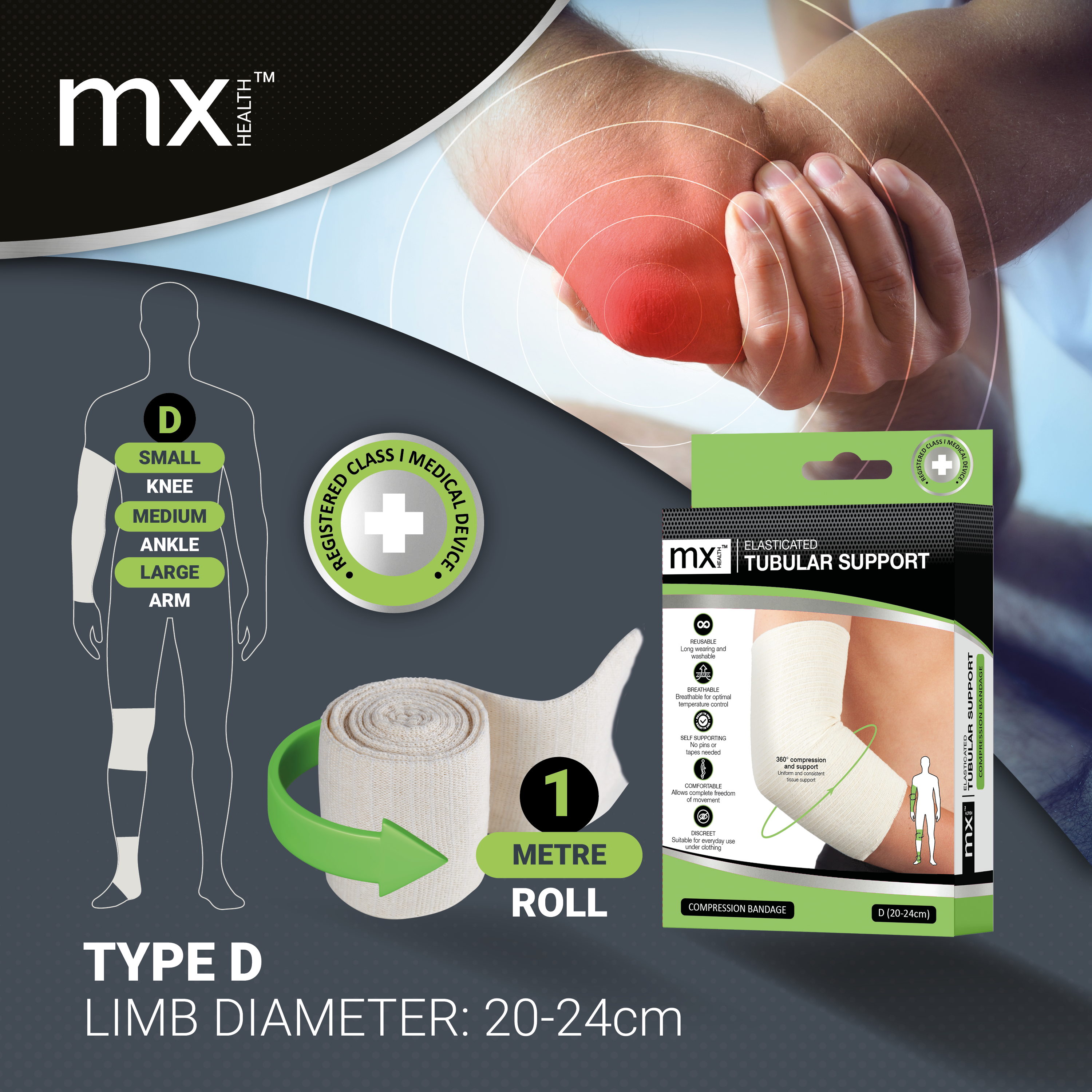 mx Health Elasticated Tubular Support Compression Bandage (D) 20-24cm