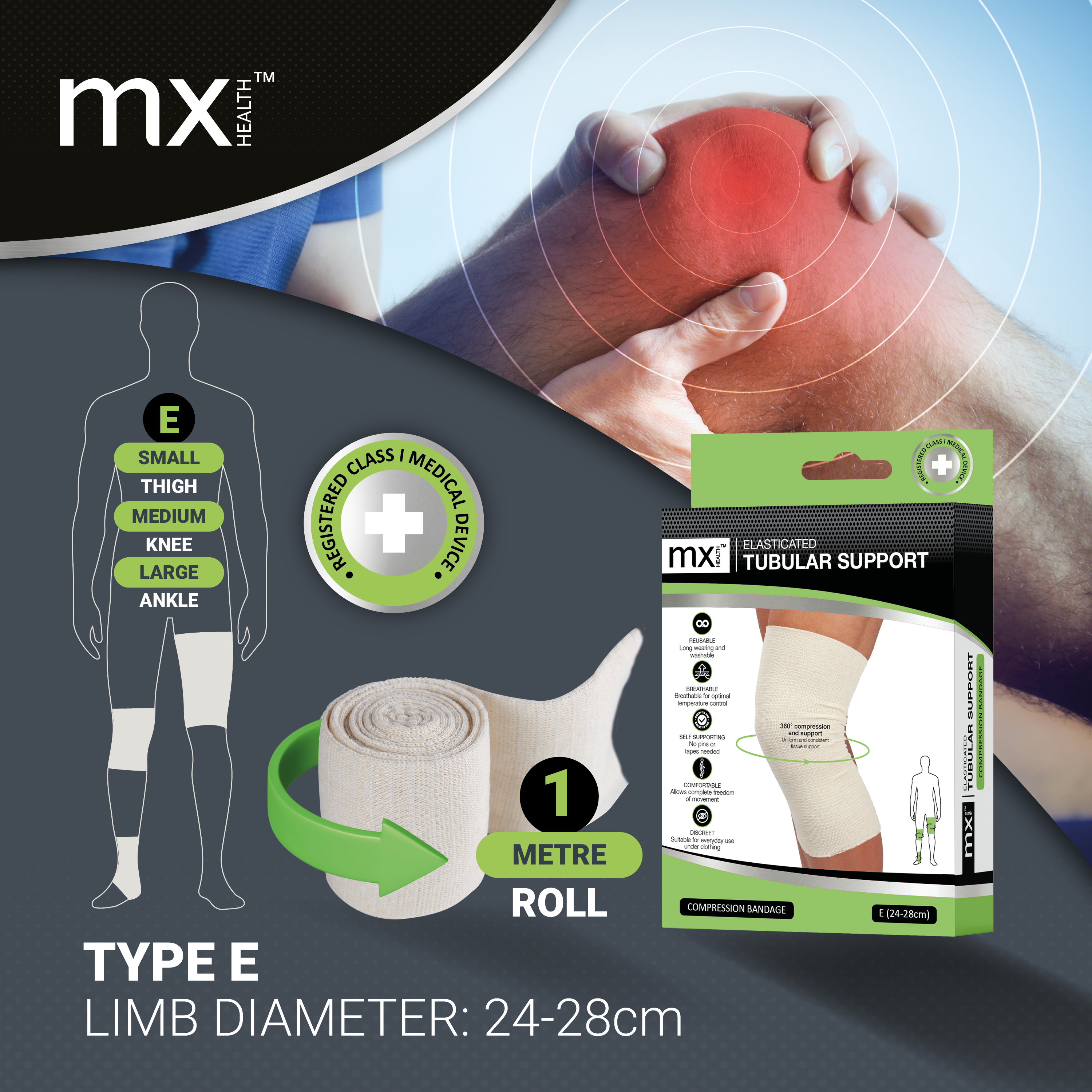 mx Health Elasticated Tubular Support Compression Bandage (E) 24-28cm