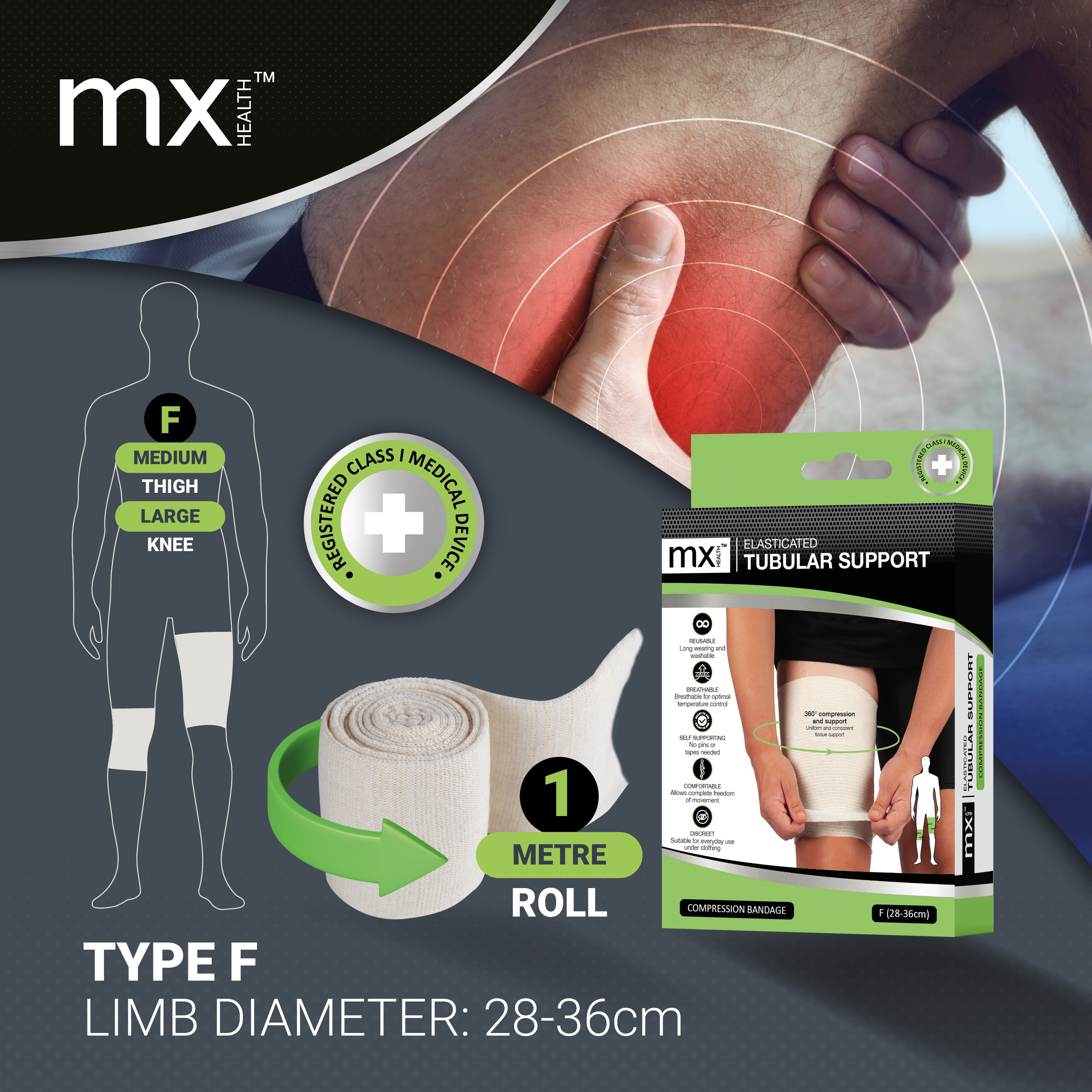 mx Health Elasticated Tubular Support Compression Bandage (F) 28-36cm